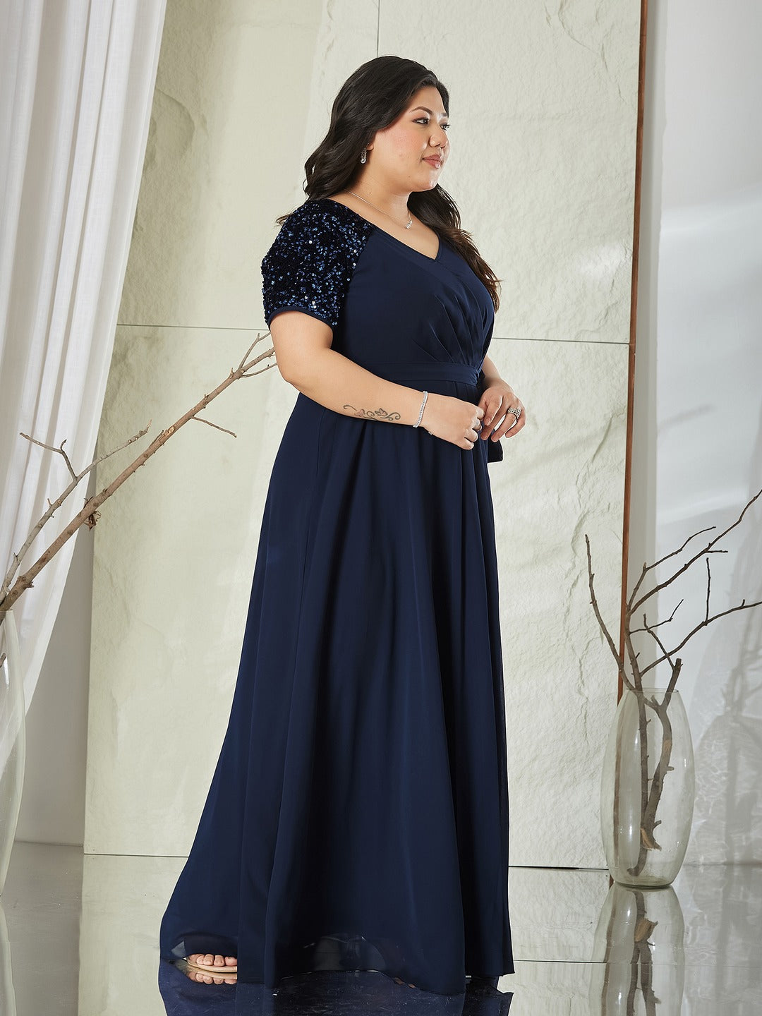 Navy Blue Relaxed Fit Maxi Georgette Dress for Women