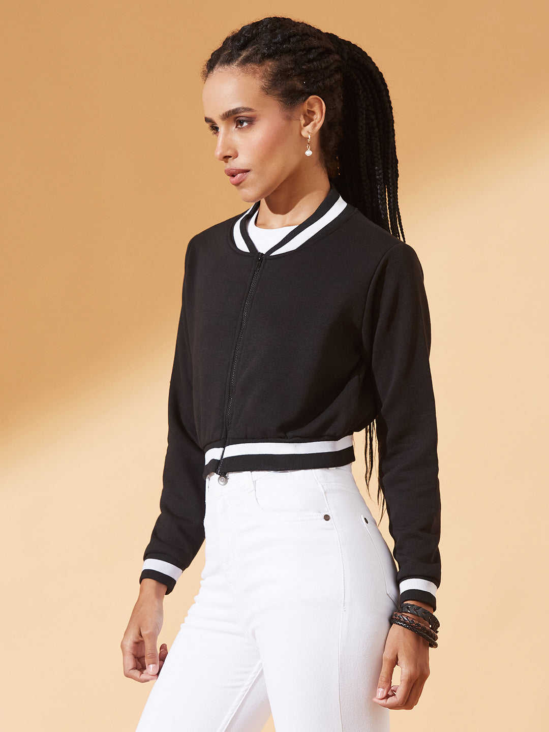 Black V-Neck Full Sleeves Loopknit, Rib Solid Bomber Cropped Jacket for Women