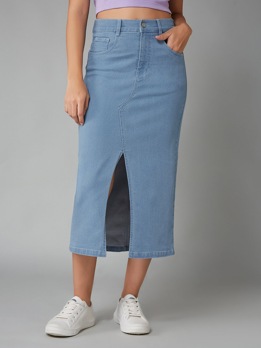 Women's Light Blue Straight-Fit High-Rise Clean-Look Stretchable Denim Midi Skirt