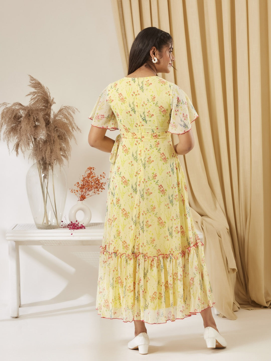 Yellow V Neck Flared Sleeve Floral Wrap Maxi Dress for Girls/Teenagers
