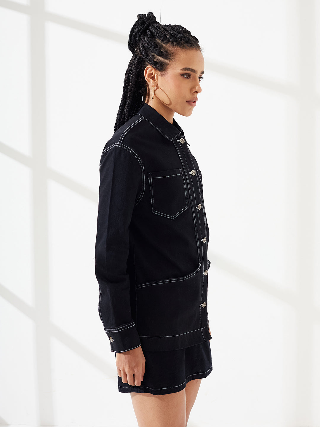 Black Shirt Collar Full-Sleeves Panelled Contrast Stitch Oversized Denim Jacket for Women