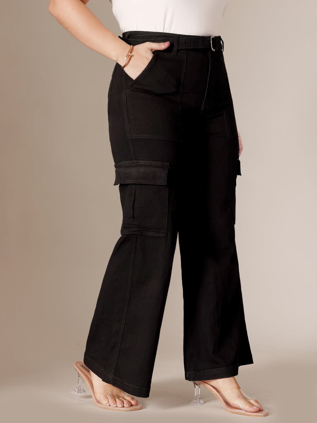 Black Wide leg High rise Clean look Regular Stretchable Denim Jeans for Women