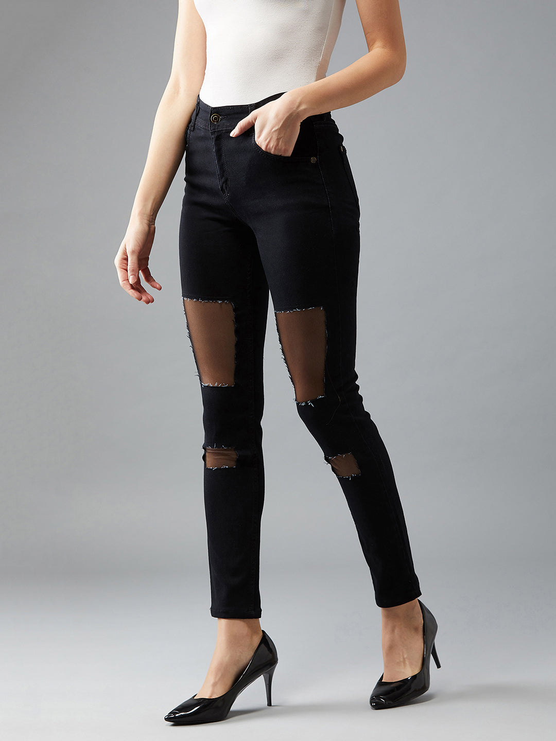 Women's Black Slim-Fit High-Rise Mild Distressed Ripped Net Detailing Stretchable Denim Jeans