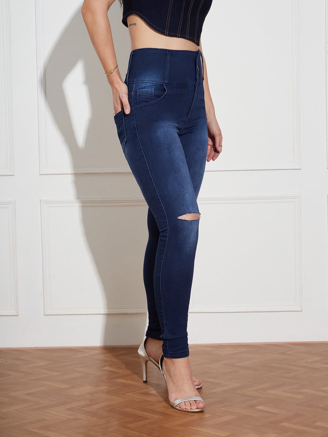 Women's Navy Blue Skinny Fit High Rise Clean Look Regular Length Double Knee Slit Stretchable High Waist Denim Jeans