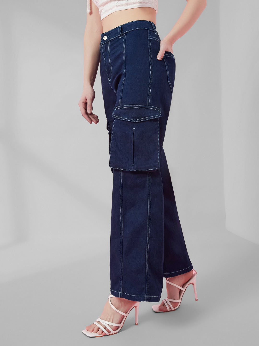 Navy Blue Wide leg high-rise Regular Stretchable Denim Jeans for Women
