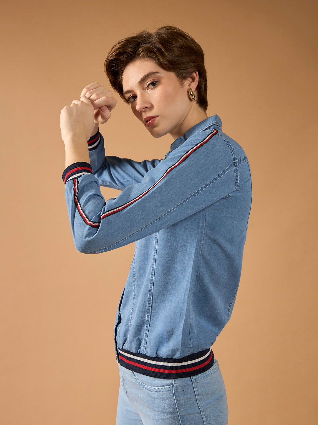 Women's Light Blue Polo Neck Full Sleeve Solid Buttoned Rib And Twill Tape Detailing Bomber Denim Jacket