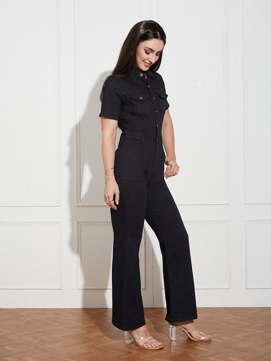 Women's Black Flared High Rise Regular Stretchable Denim Jumpsuit