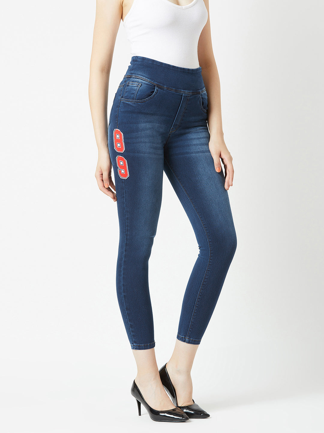 Women's Navy Blue Super Skinny-Fit with Printed Patch High-Rise Stretchable Regular Length Denim Jeggings