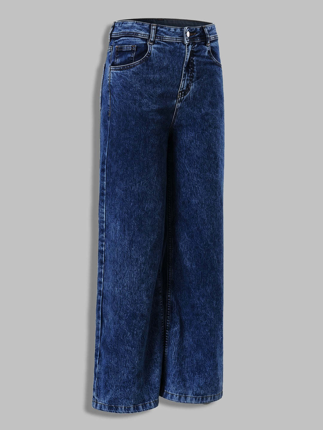 Mid Blue Wide-Leg High-Rise Stretchable Denim Jeans for Women