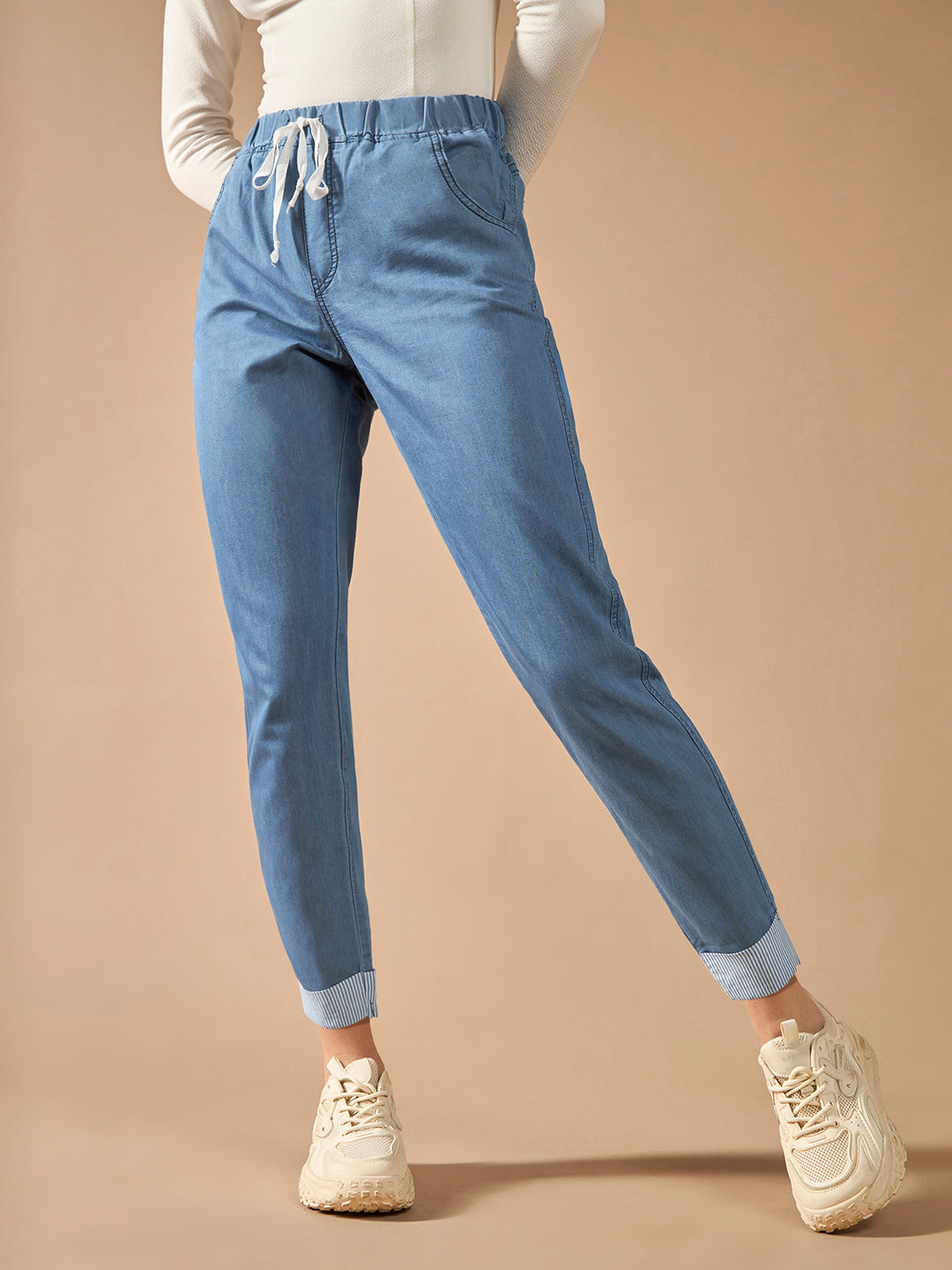 Women's Blue High-Rise Clean-Look Solid Cropped Striped Detailing Denim Joggers