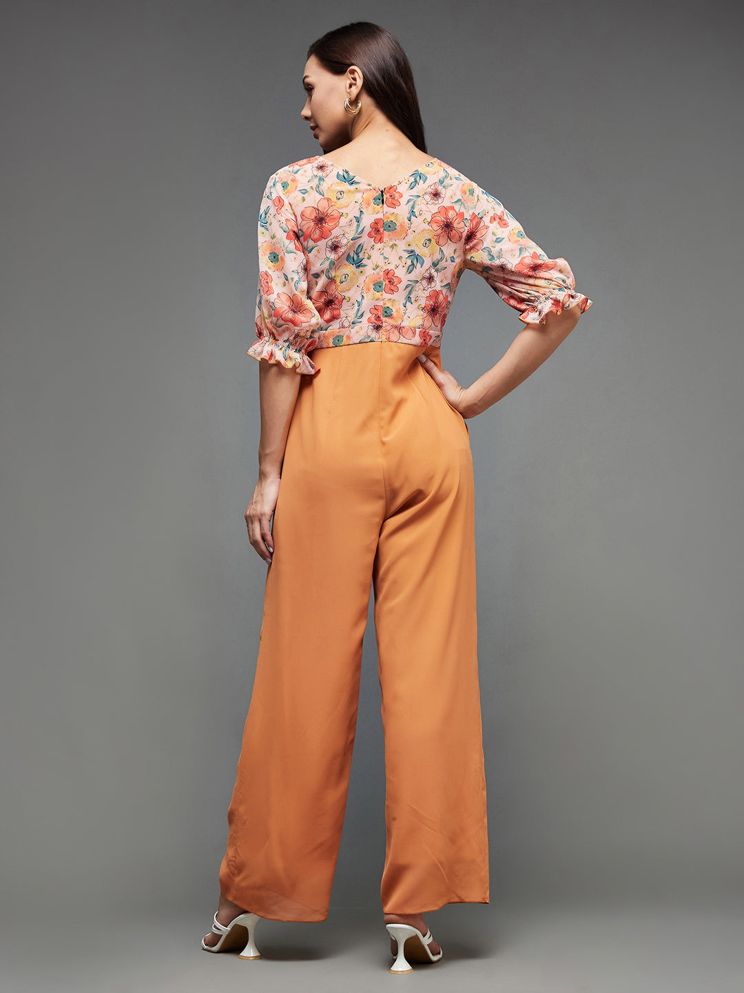 Women's Multicolored-Base-Dusty Orange V-Neck Puff Sleeve Floral Patterned Wrap Regular Georgette Jumpsuit