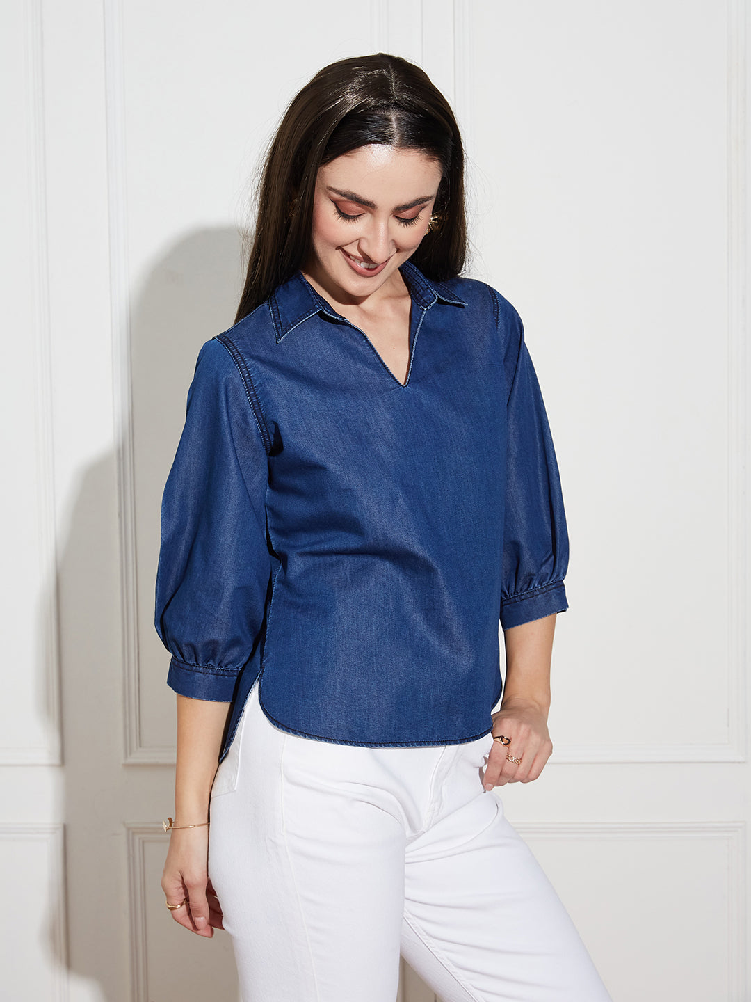 Women's Dark Blue Collar-Neck Puff-Sleeve Solid-Colored Light Weight Denim Tunic Top