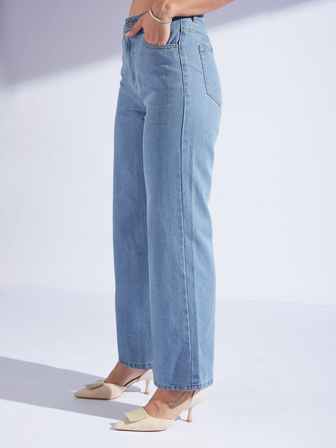 Women's Light Blue Wide-Leg High-Rise Non-stretchable Denim Jeans