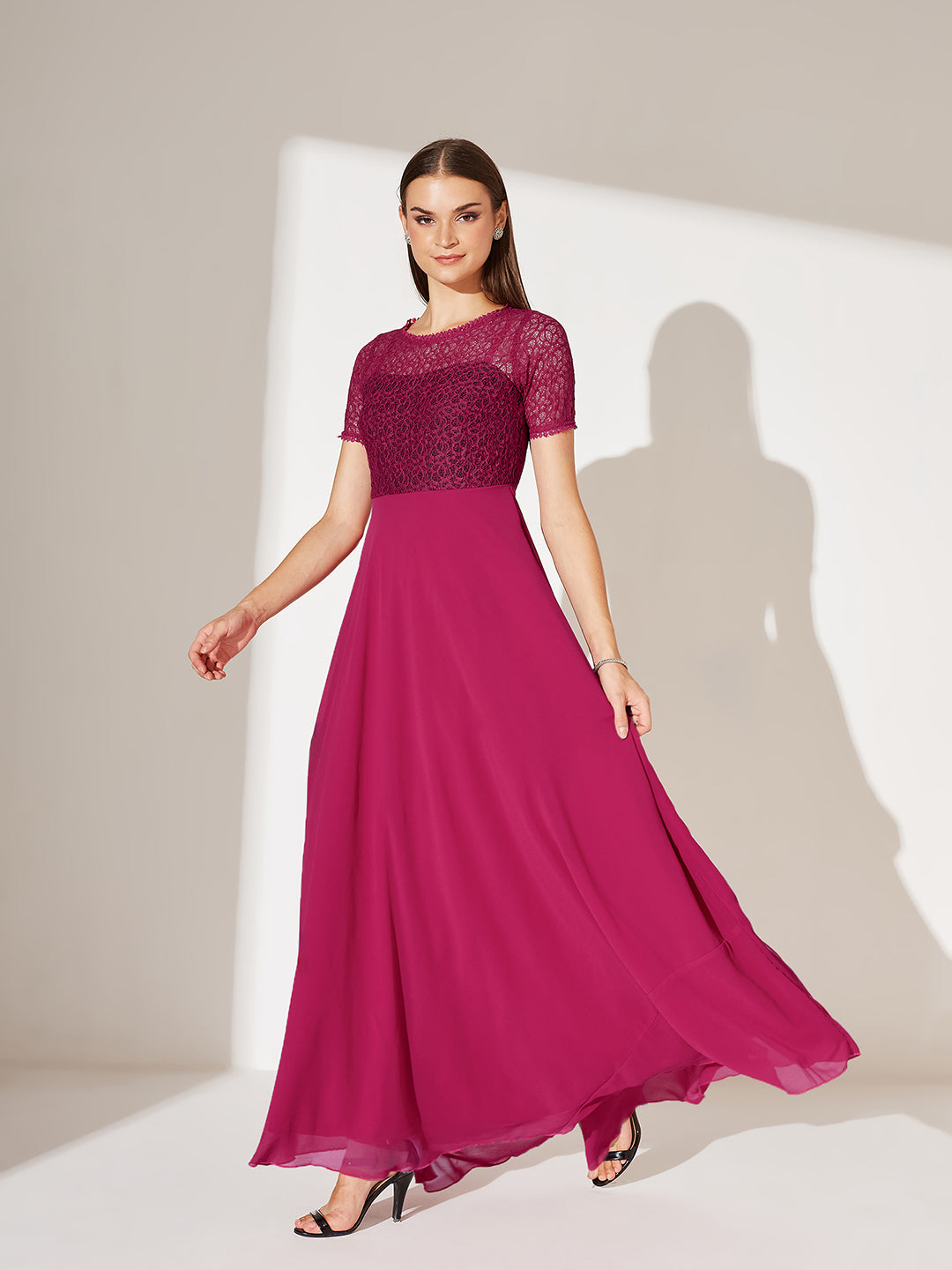 Dark Pink Round neck Half Sleeve Solid Lace Overlaid Maxi Dress for Women