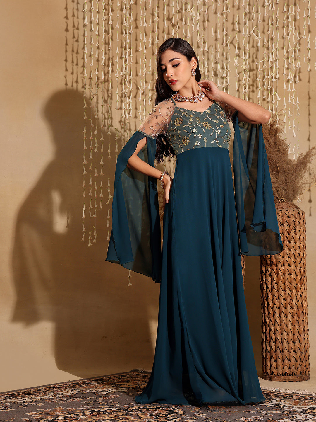 Women's Teal V-Neck Full Sleeve Embroidered Fit & Flare Georgette Maxi Dress
