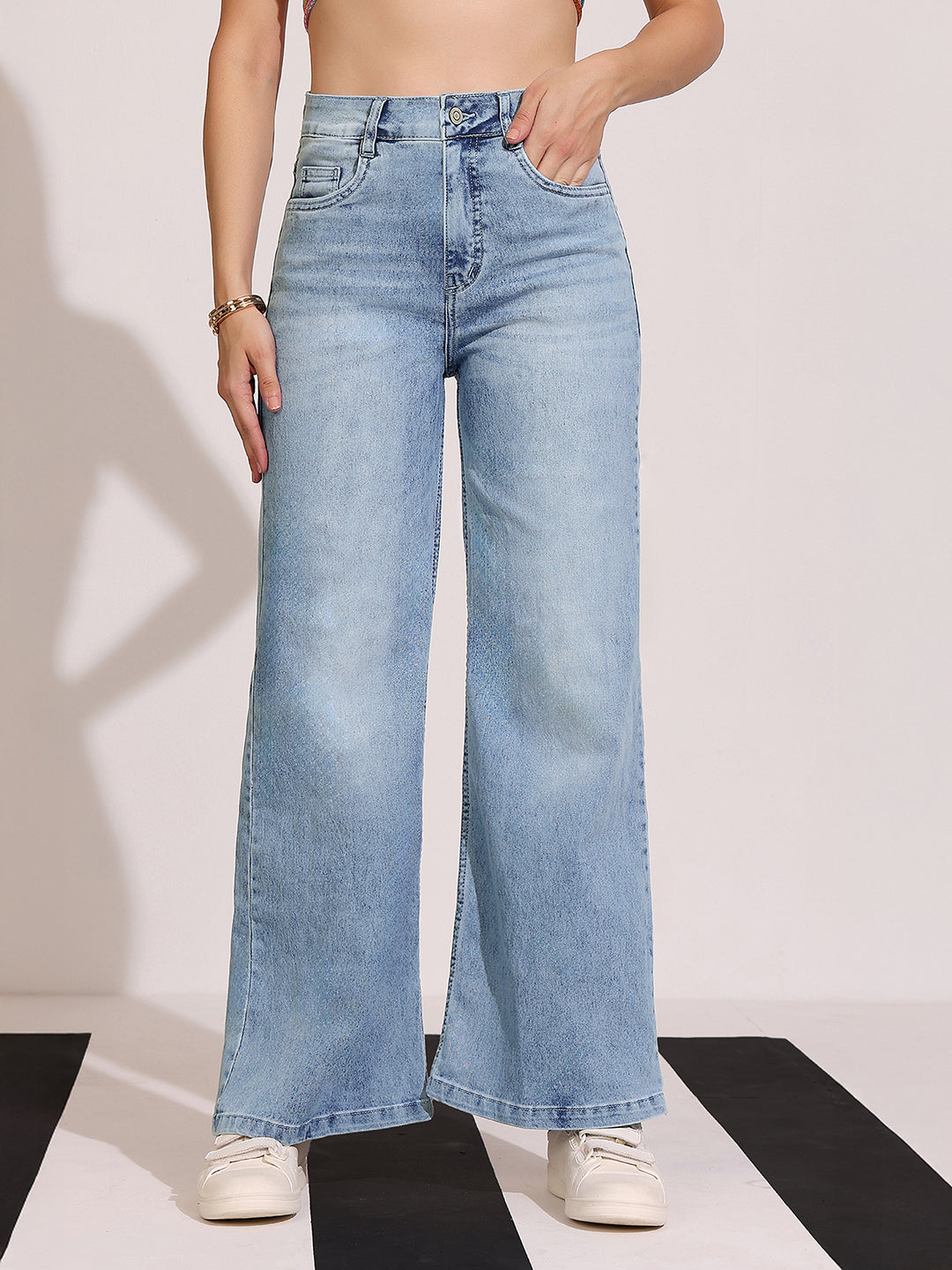 Women's Light Blue Wide-Leg High-Rise Clean-Look Regular-Length Stretchable Shaping Denim Jeans
