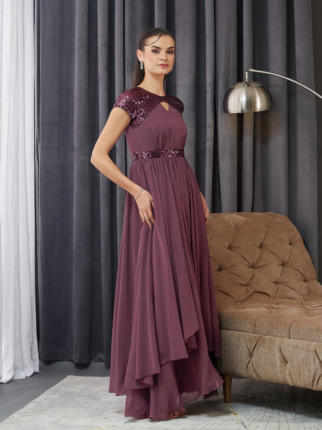 Women's Mauve Keyhole Short Sleeve Embellished Layered georgette Maxi Dress