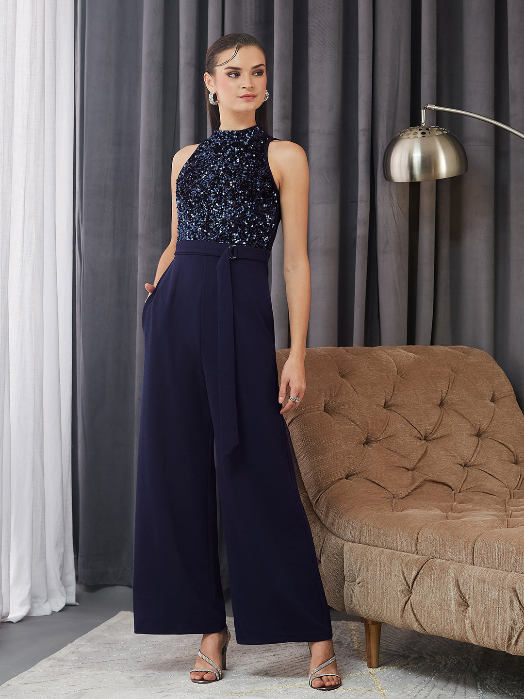 Women's Navy Blue Halter Neck Sleeveless Embellished Regular-Length Jumpsuit