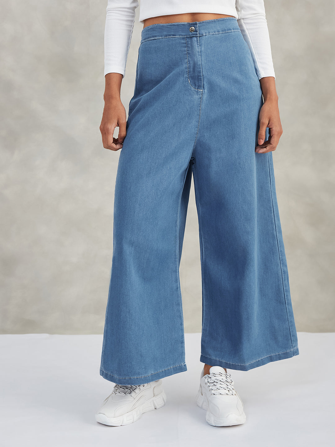 Women's Blue Flared Wide-Leg High-Rise Non-Stretchable Denim Pants