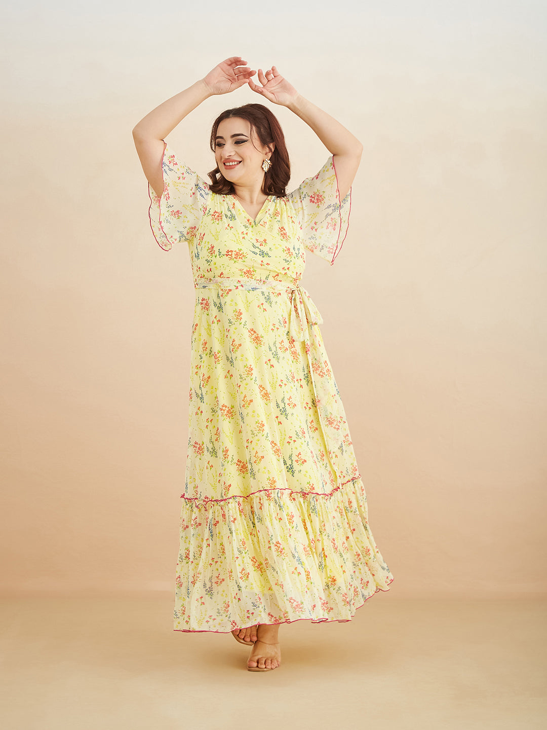 Yellow V Neck Flared Sleeve Floral Wrap Maxi Dress for Women