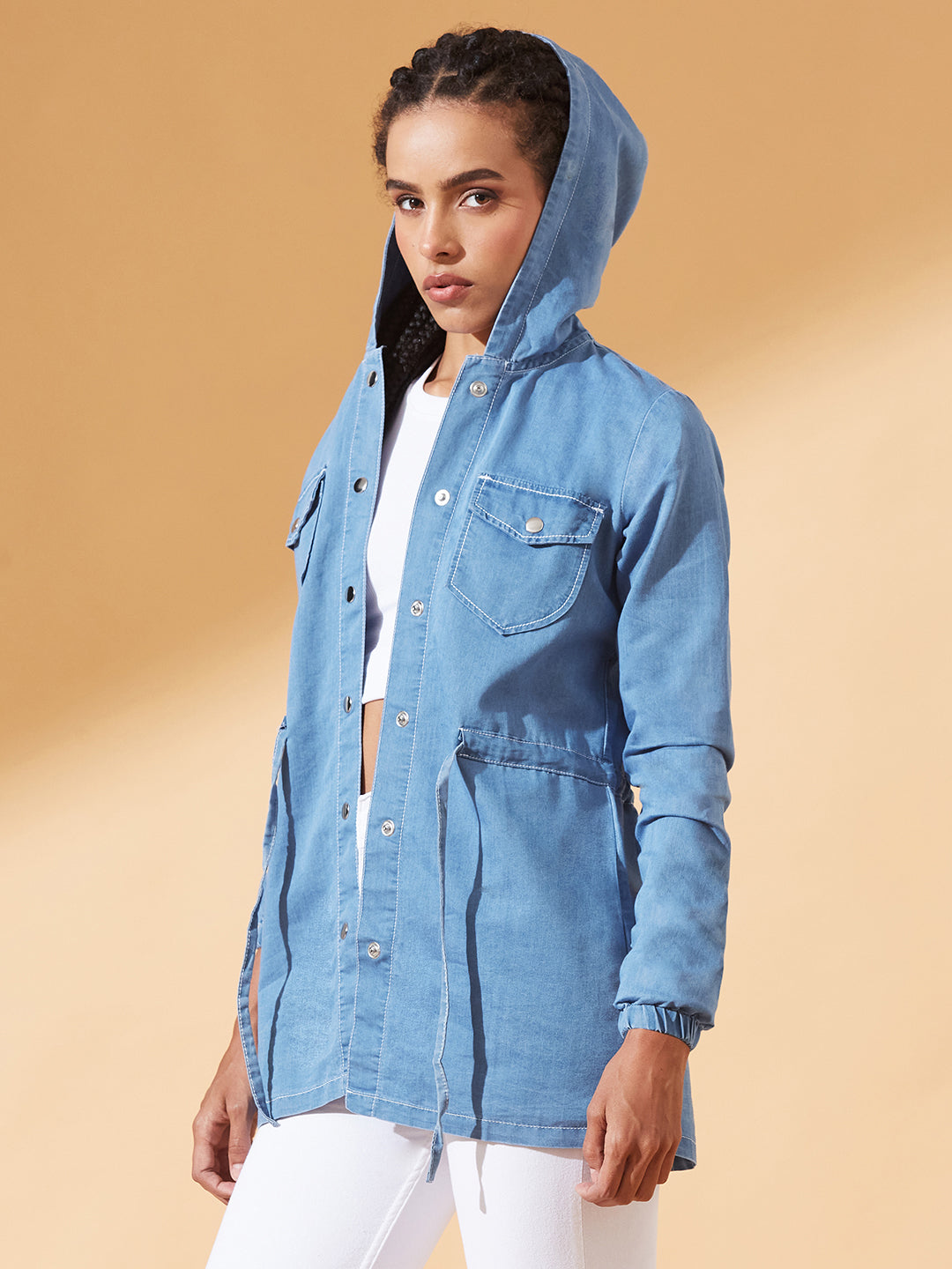 Light-Blue Round Neck Full Sleeve Solid Long hoodie with tie-up Regular Jacket for Women
