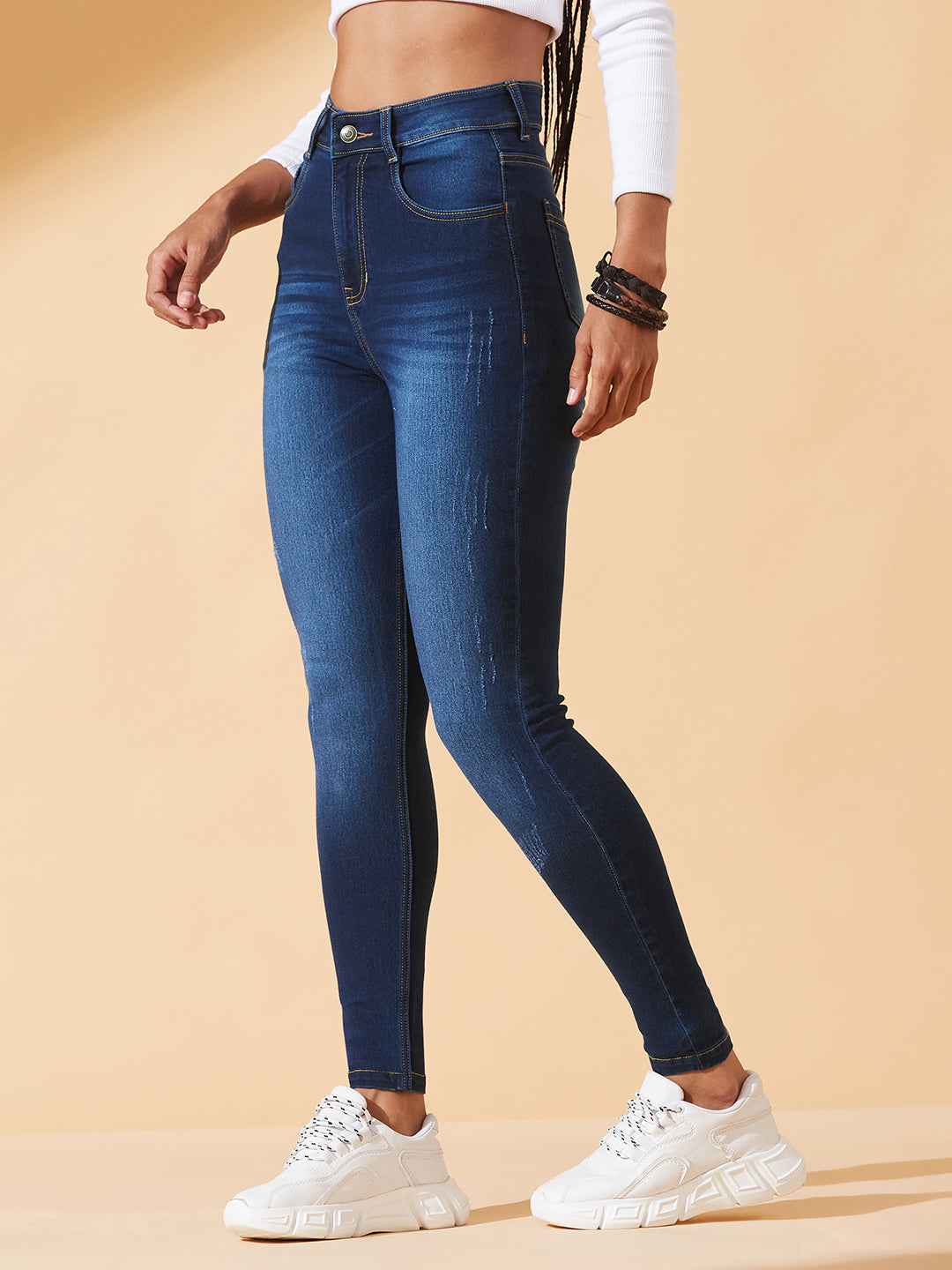High-Rise Navy-Blue Skinny-Fit Jeans with Mild Distress, Whiskering & Cat Scratch Detailing for Women