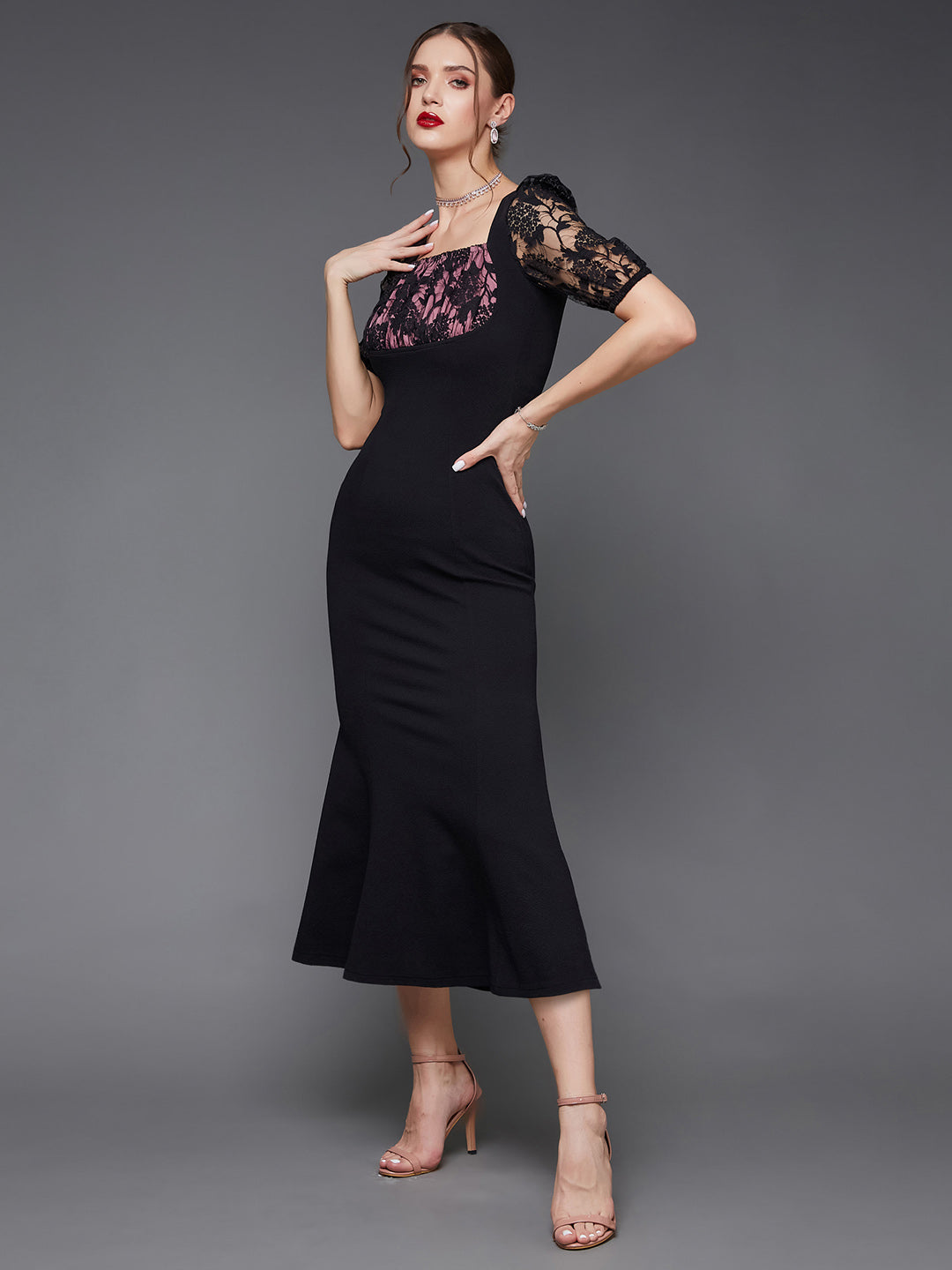 Black Puff Sleeves Lace Mermaid Maxi Dress Long Dress Frock