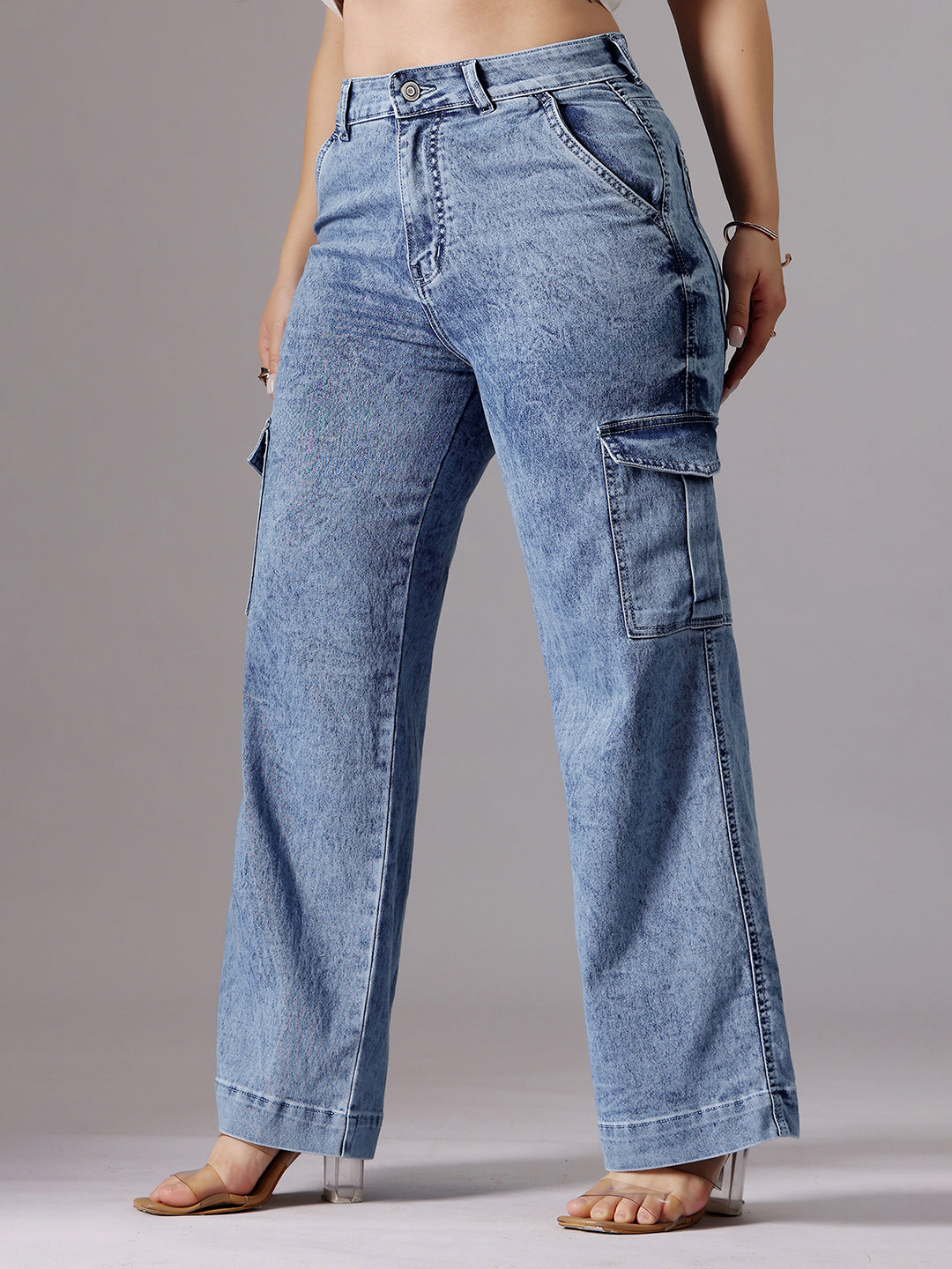 24/7 Comfort Light Blue Wide-Leg High-Rise Clean-Look Regular-Length Stretchable Flared Cargo Style Denim Jeans