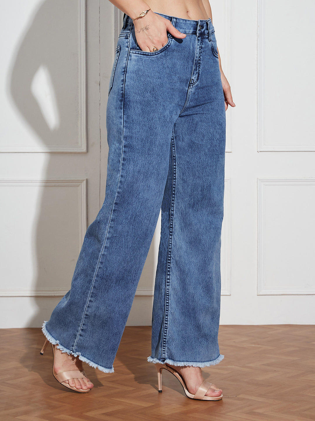 Women's Mid-Blue Wide-Leg High Rise Regular-Length Stretchable Denim Jeans