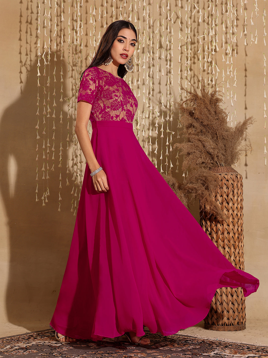 Women's Dark Pink Round Neck Half Sleeve Self-Designed Fit & Flare Georgette Maxi Dress