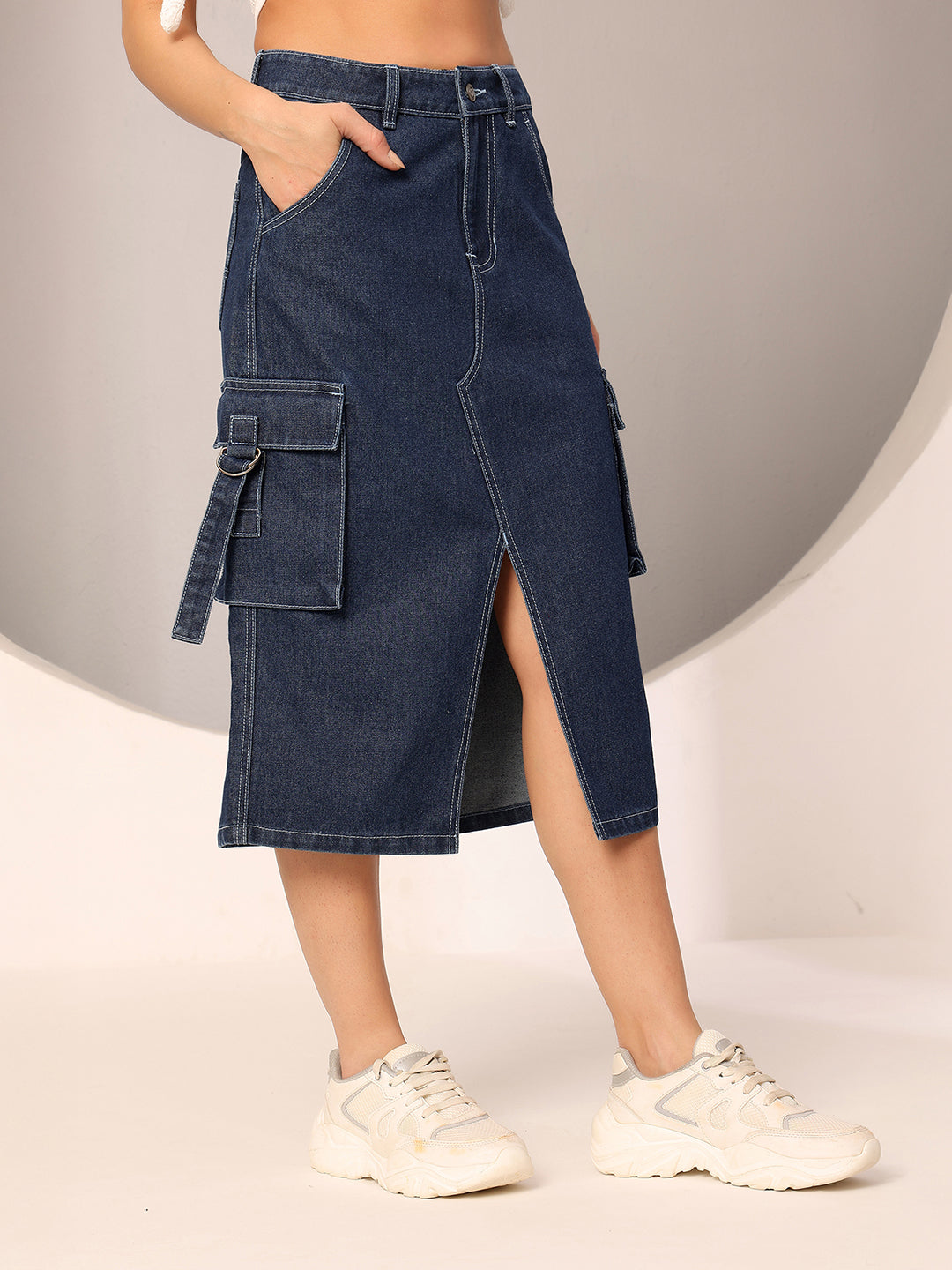 Navy-Blue Straight-Fit High-Rise Clean-Look Midi Denim Skirt for Women