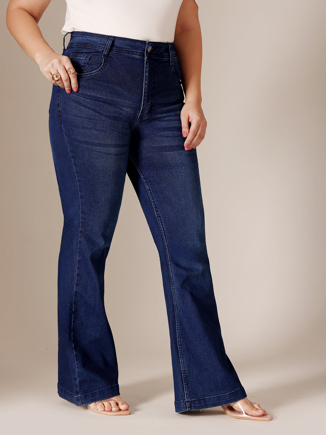 24/7 Comfort Navy Blue High-Rise Clean-Look Regular-Length Stretchable Bootcut Denim Jeans for Women