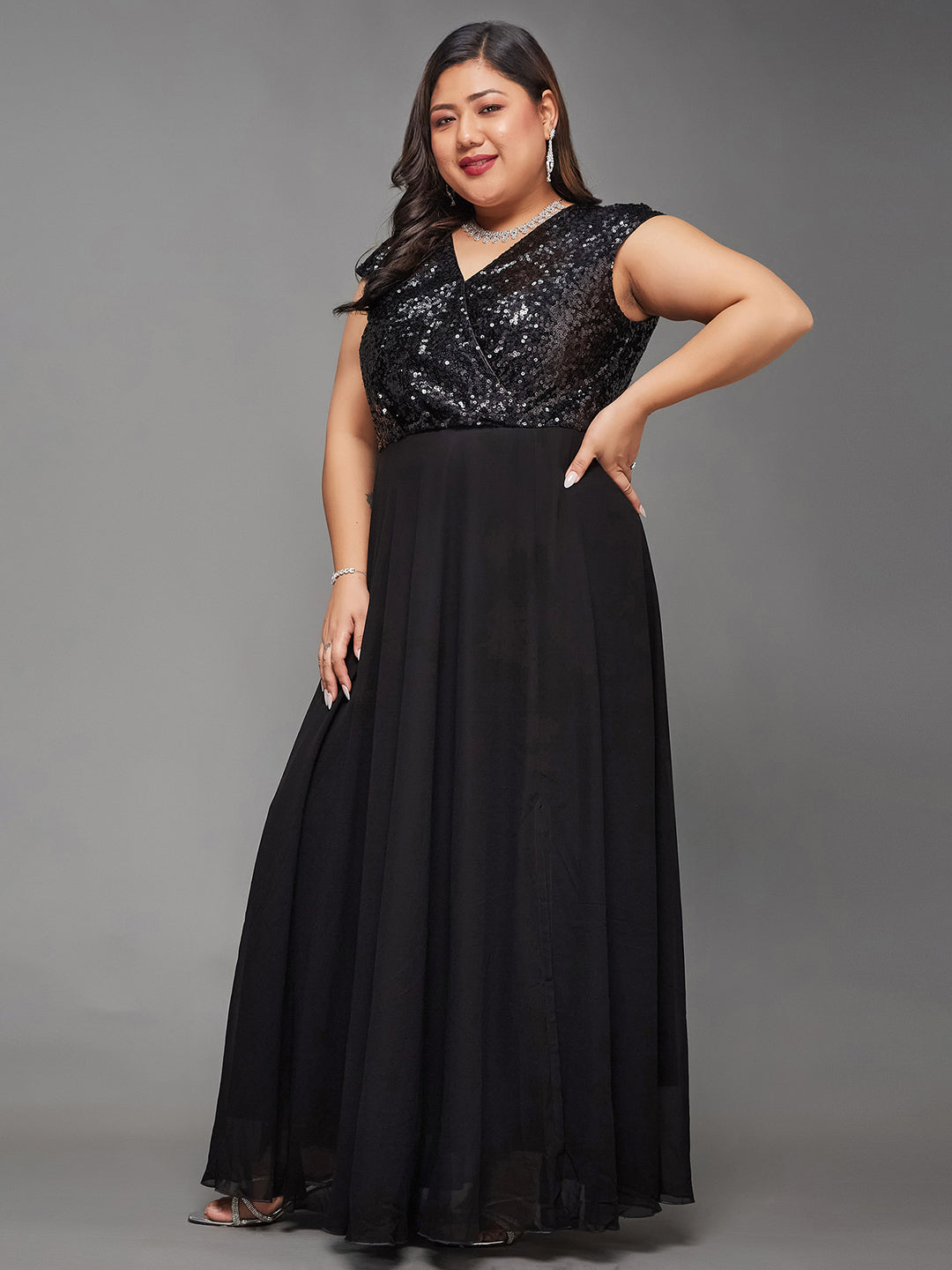 Black Sleeveless Fit and Flare Sequinned Maxi Dress Long Dress Gown for Women | Life of the Party Collection