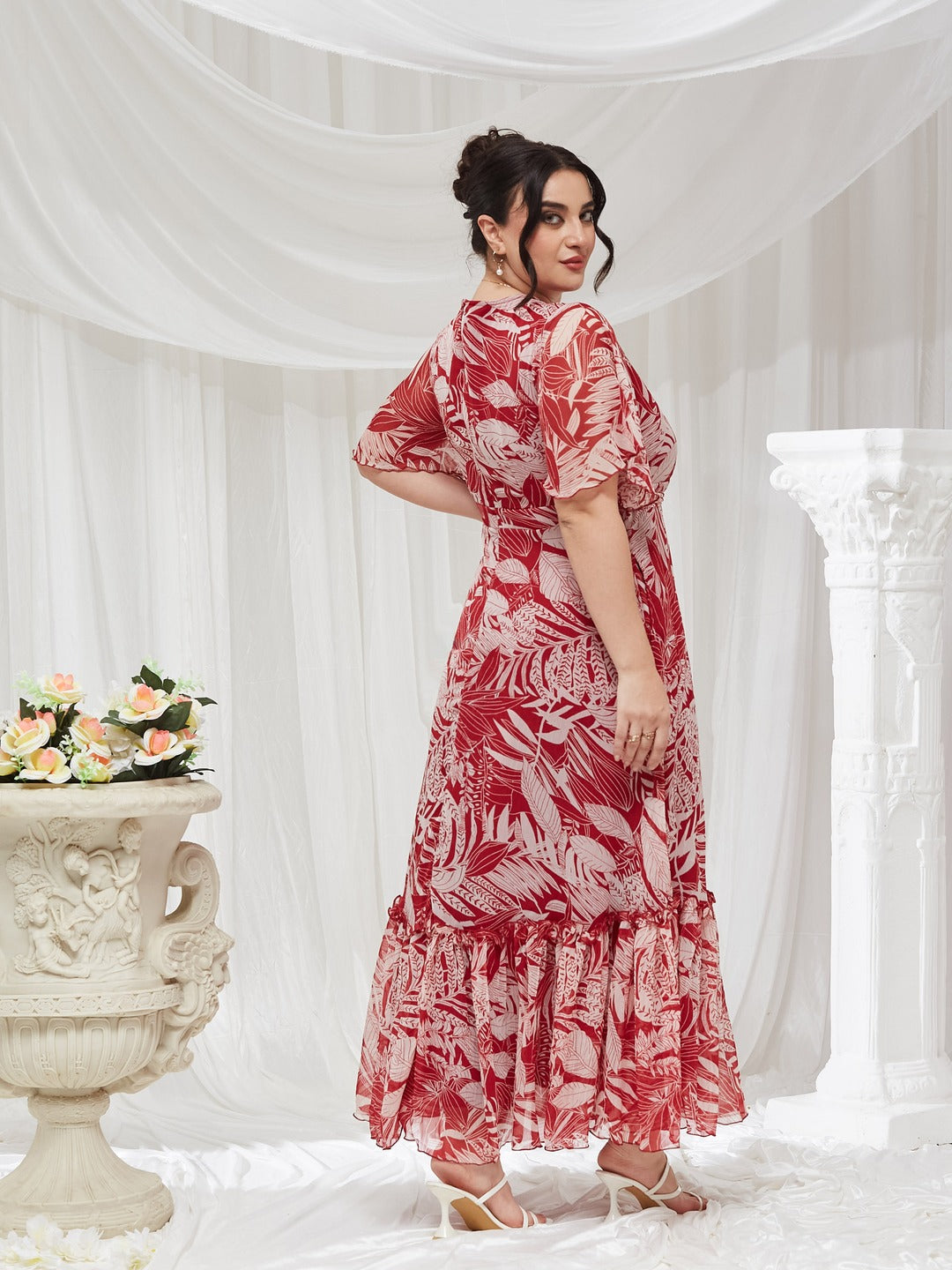 Maroon V Neck Flared Sleeve Floral Wrap Maxi Dress for Women — Miss Chase A+