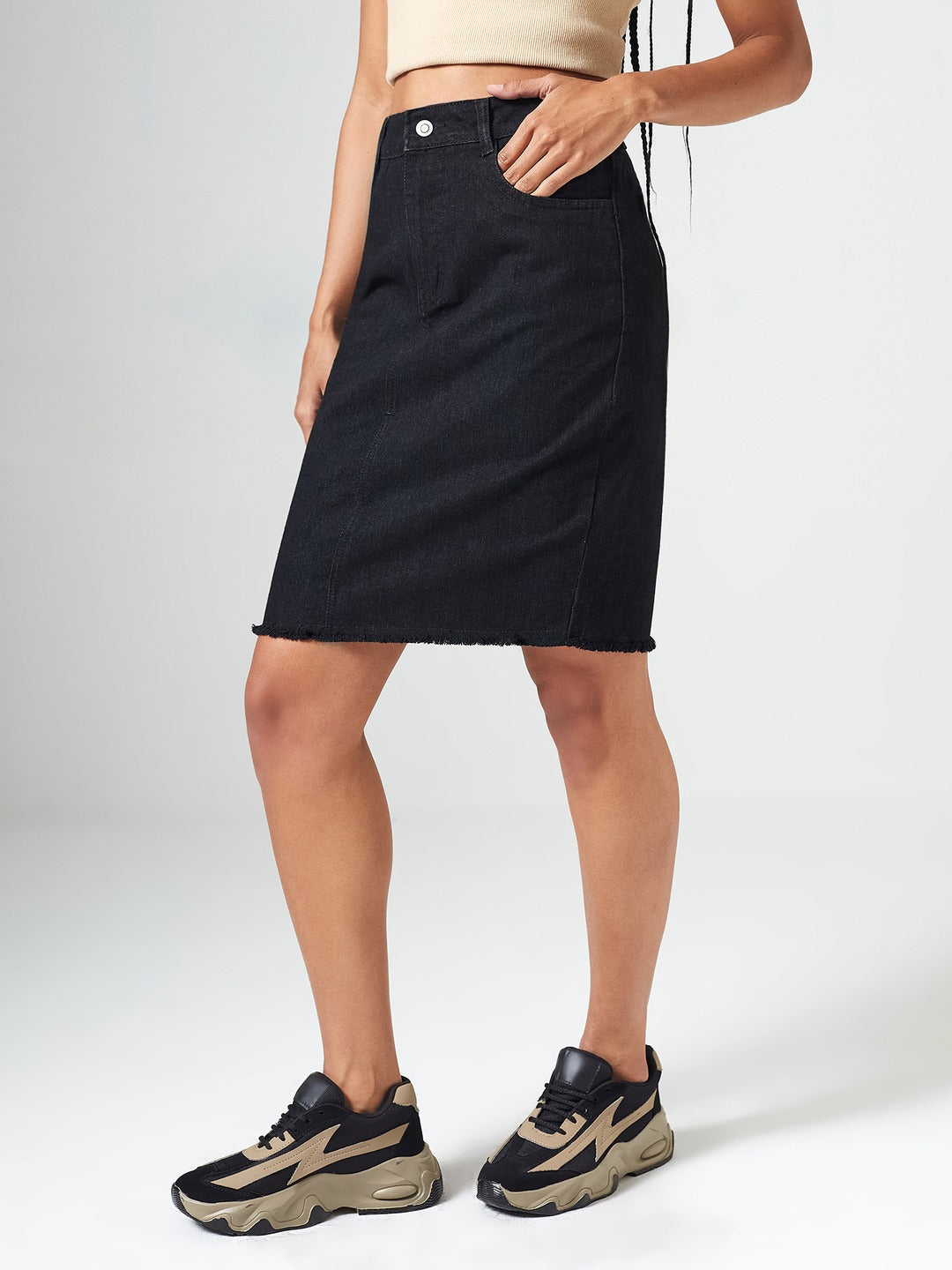 Black Bodycon High Rise Clean Look Above Knee Denim Skirt for Women