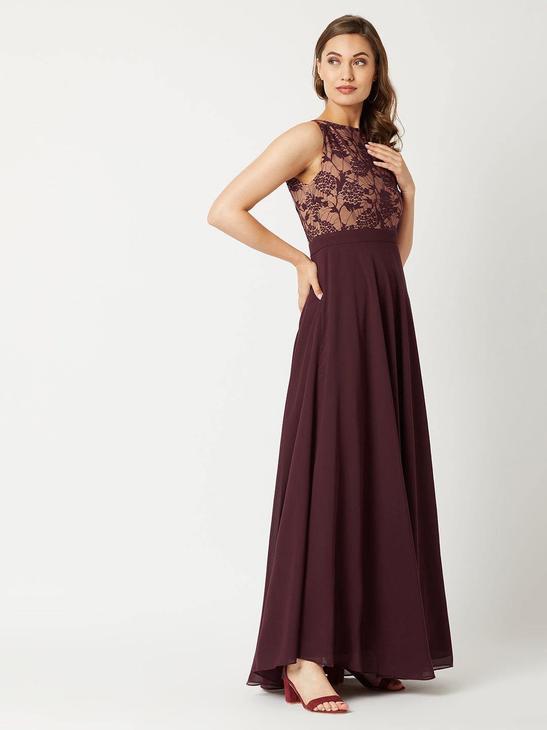 Women's Beige & Wine Round Neck Sleeveless Georgette Floral Lace Fit & Flare Maxi Dress