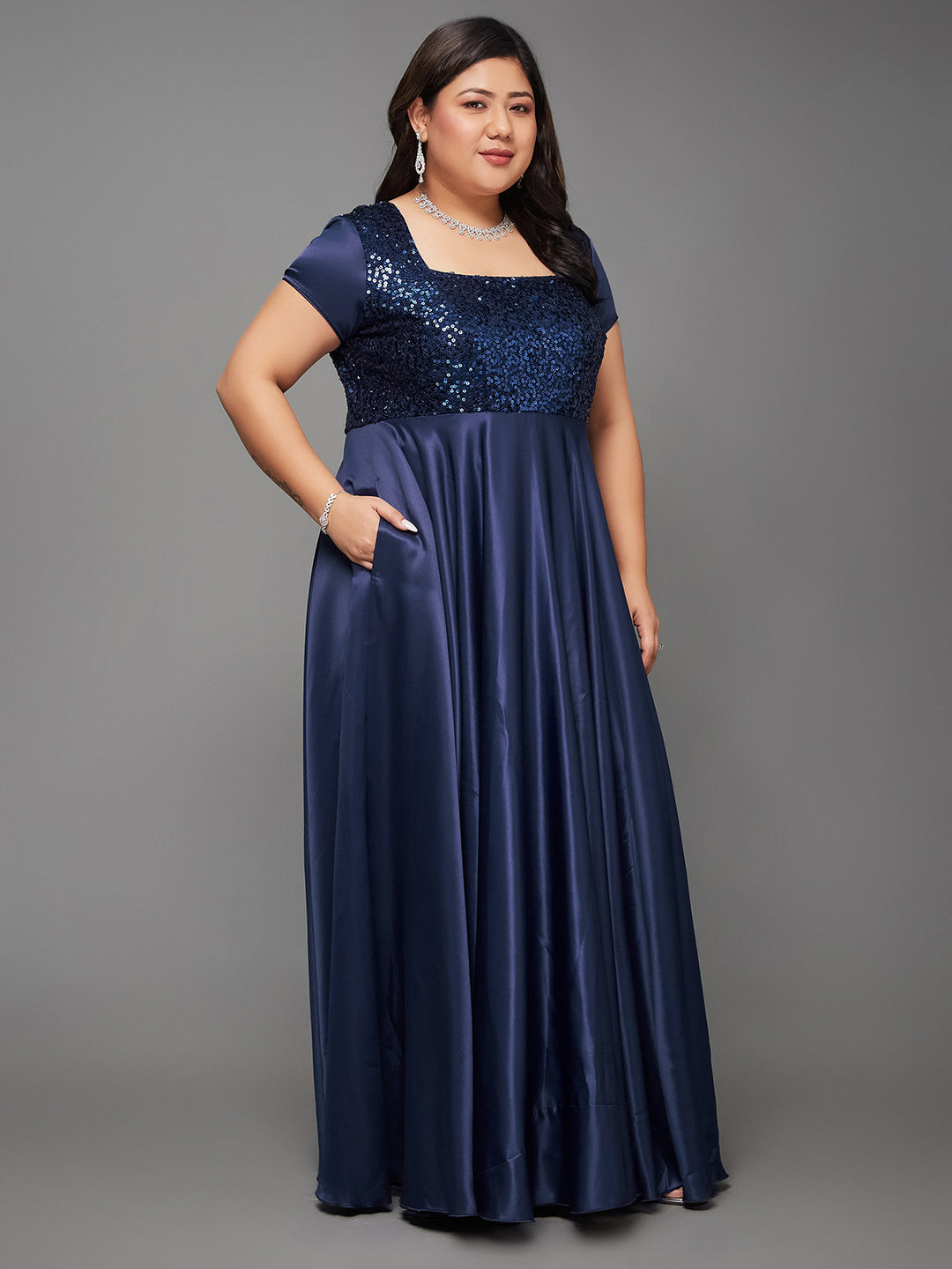 Navy Blue Short Sleeves Sequinned Fit and Flare Maxi Dress for Women | Life of the Party Collection