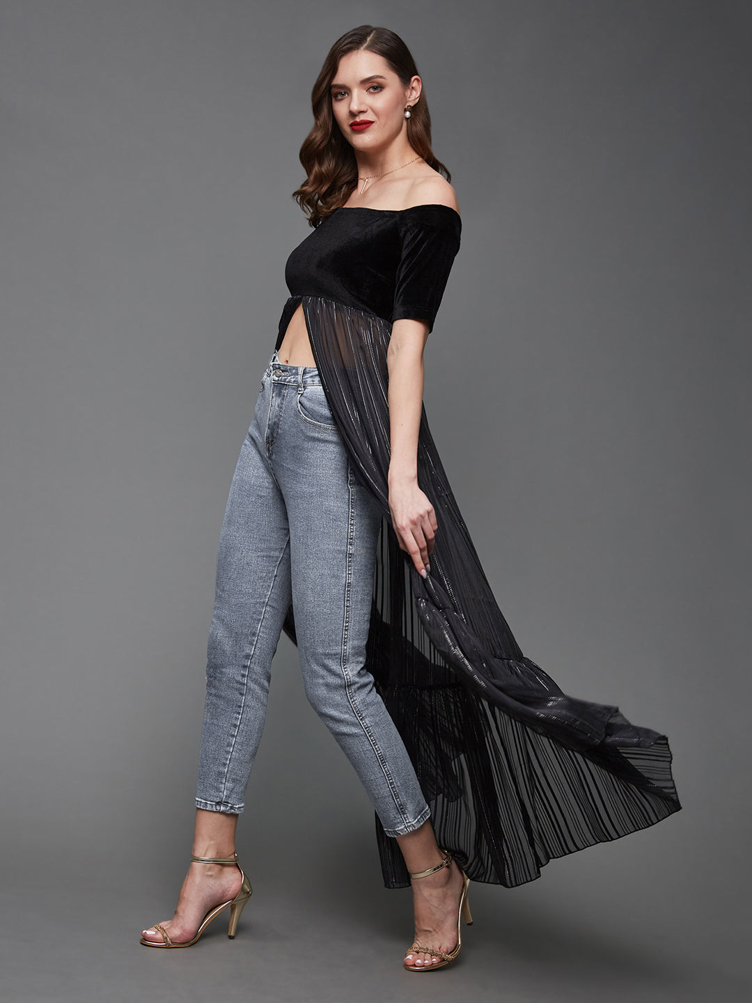 Women's Black Striped Off Shoulder Half Sleeves Georgette Bardot Maxi-Length Top