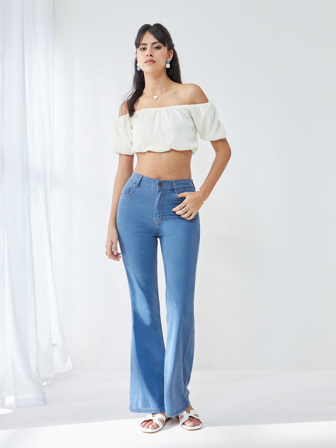 Light Blue Bootcut High rise Regular Stretchable Denim Jeans for Women
