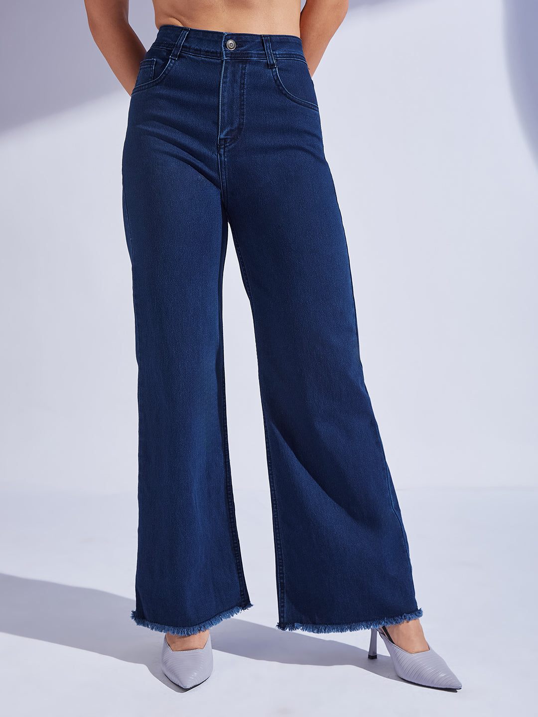 24/7 Comfort Navy Blue Wide-Leg High-Rise Stretchable Denim Jeans