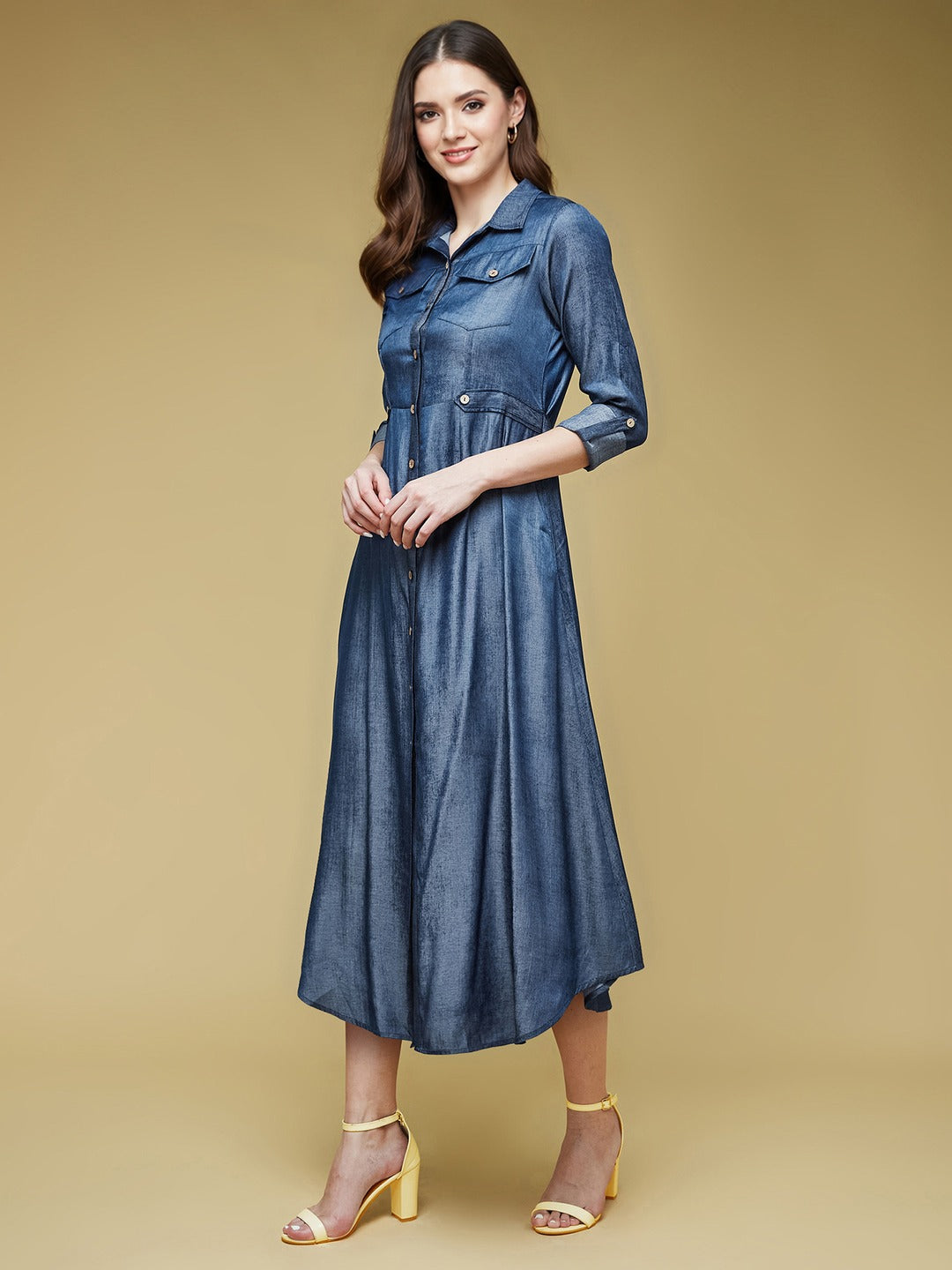Blue Shirt Collar 3/4 Sleeve Solid Midi Polyester Shirt Dress for Women
