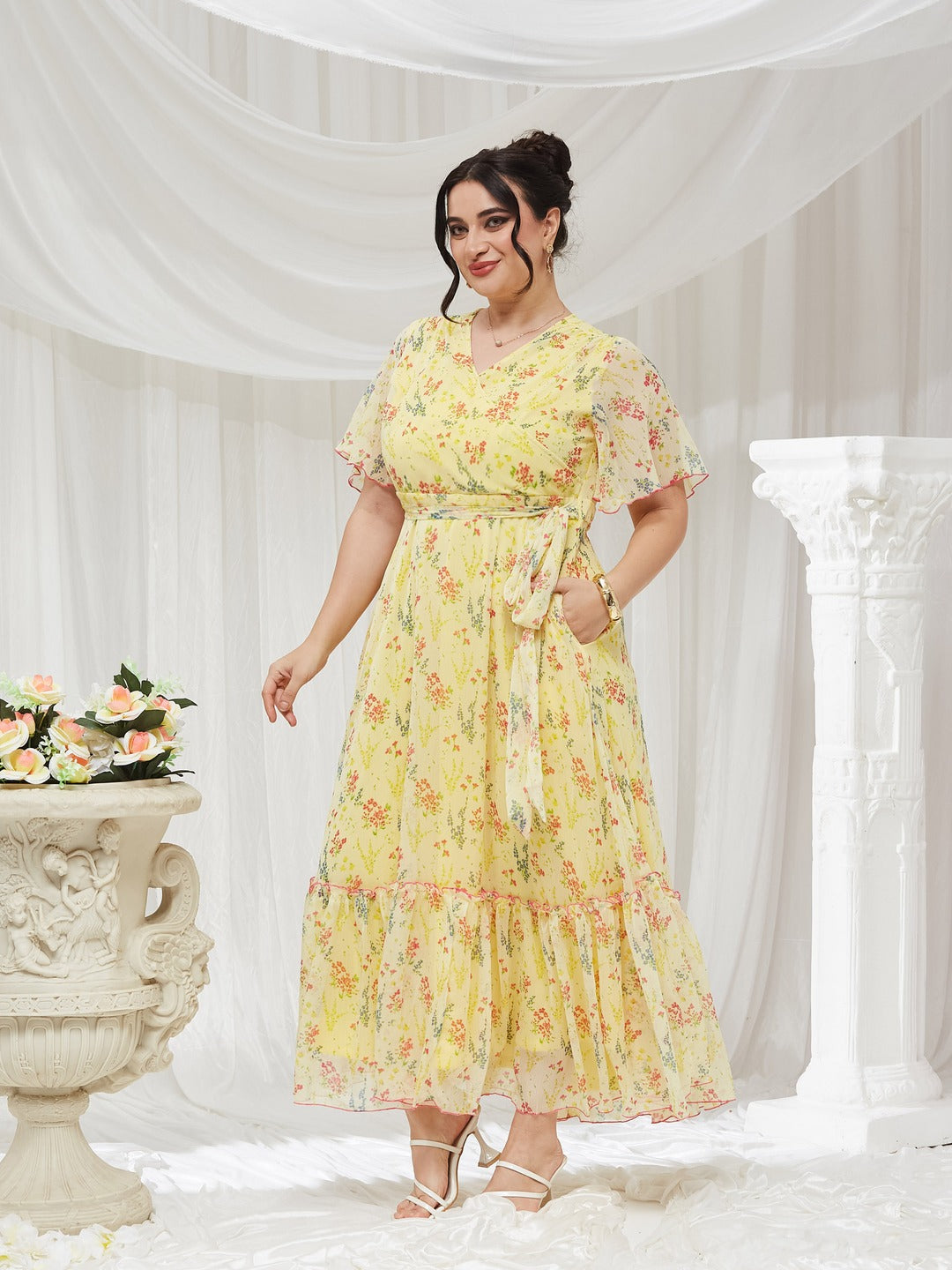 Yellow V Neck Flared Sleeve Floral Wrap Maxi Dress for Women — Miss Chase A+