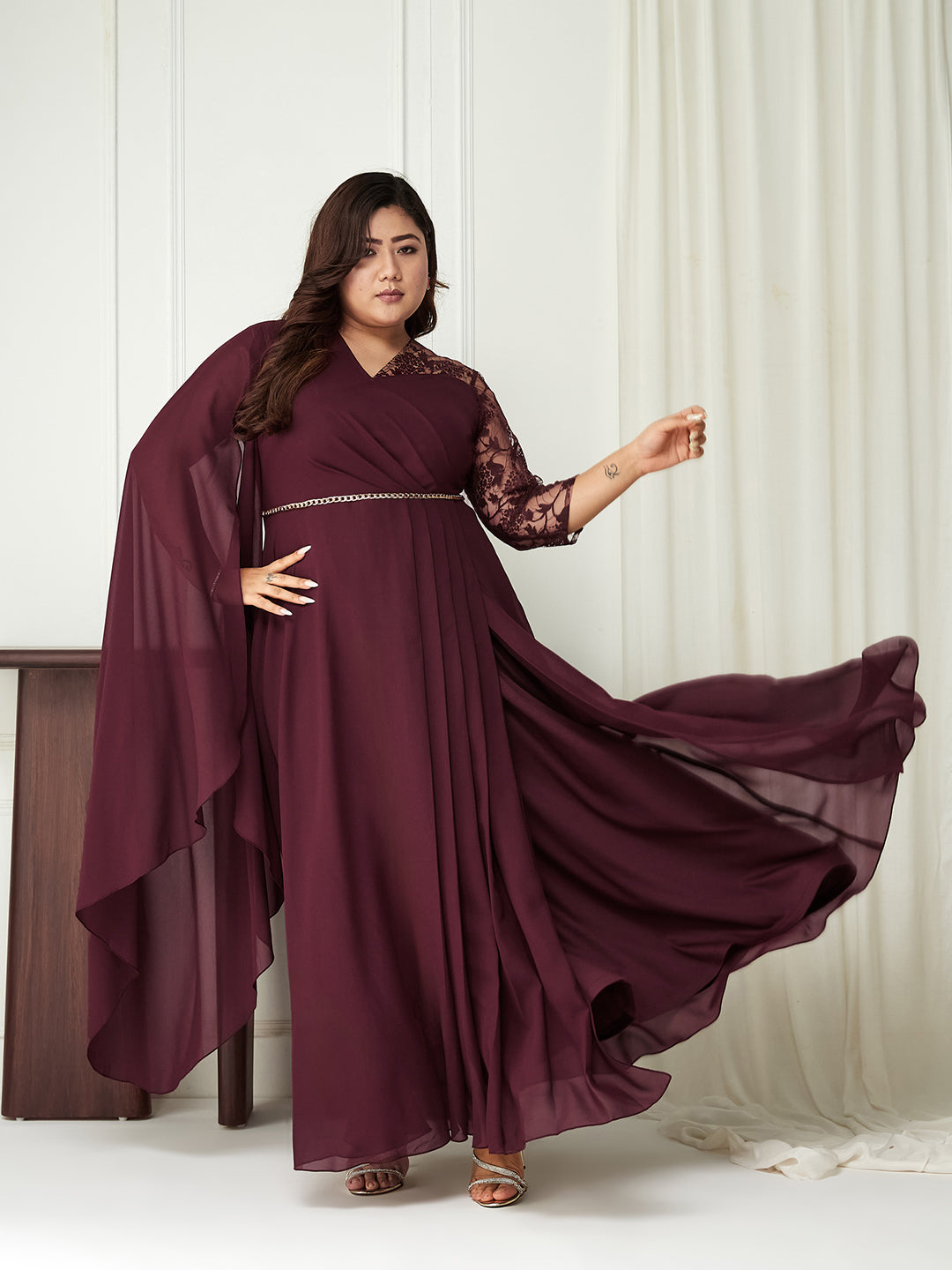 Women's Wine V-Neck Three-Quarter Sleeve Self-Designed Asymmetric Georgette Maxi Dress