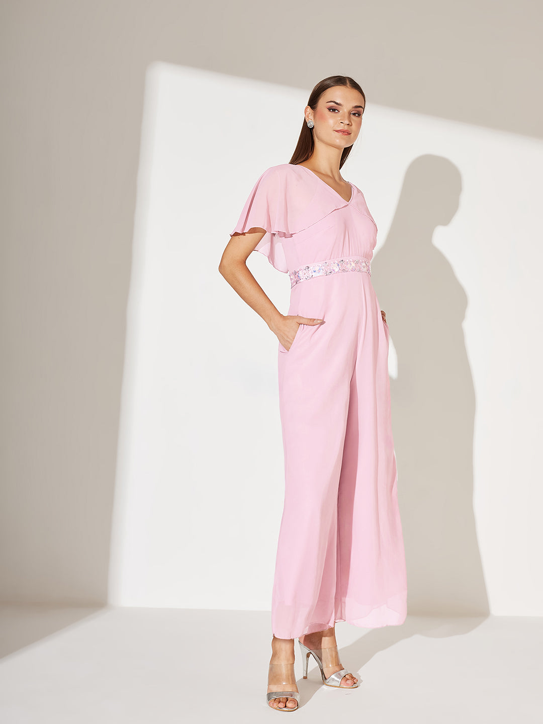 Women's Light Pink Georgette V-Neck Cape Solid Layered Regular Jumpsuit