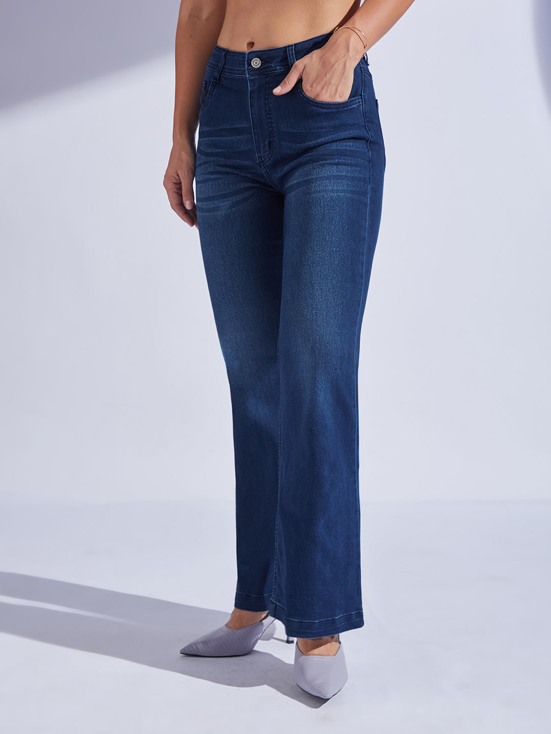 Women's Navy Blue High-Rise Clean-Look Regular-Length Stretchable Bootcut Denim Jeans