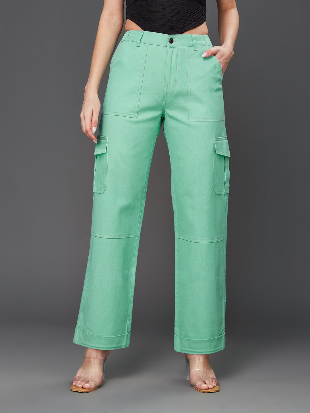 24/7 Comfort Turquoise Wide-Leg High-Rise Stretchable Denim Pants