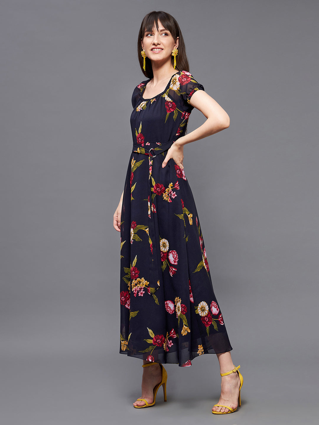 Women's Multicolored Base-Navy Blue Square Neck Short Puff Sleeve Floral Fit & Flare Georgette Midi Dress