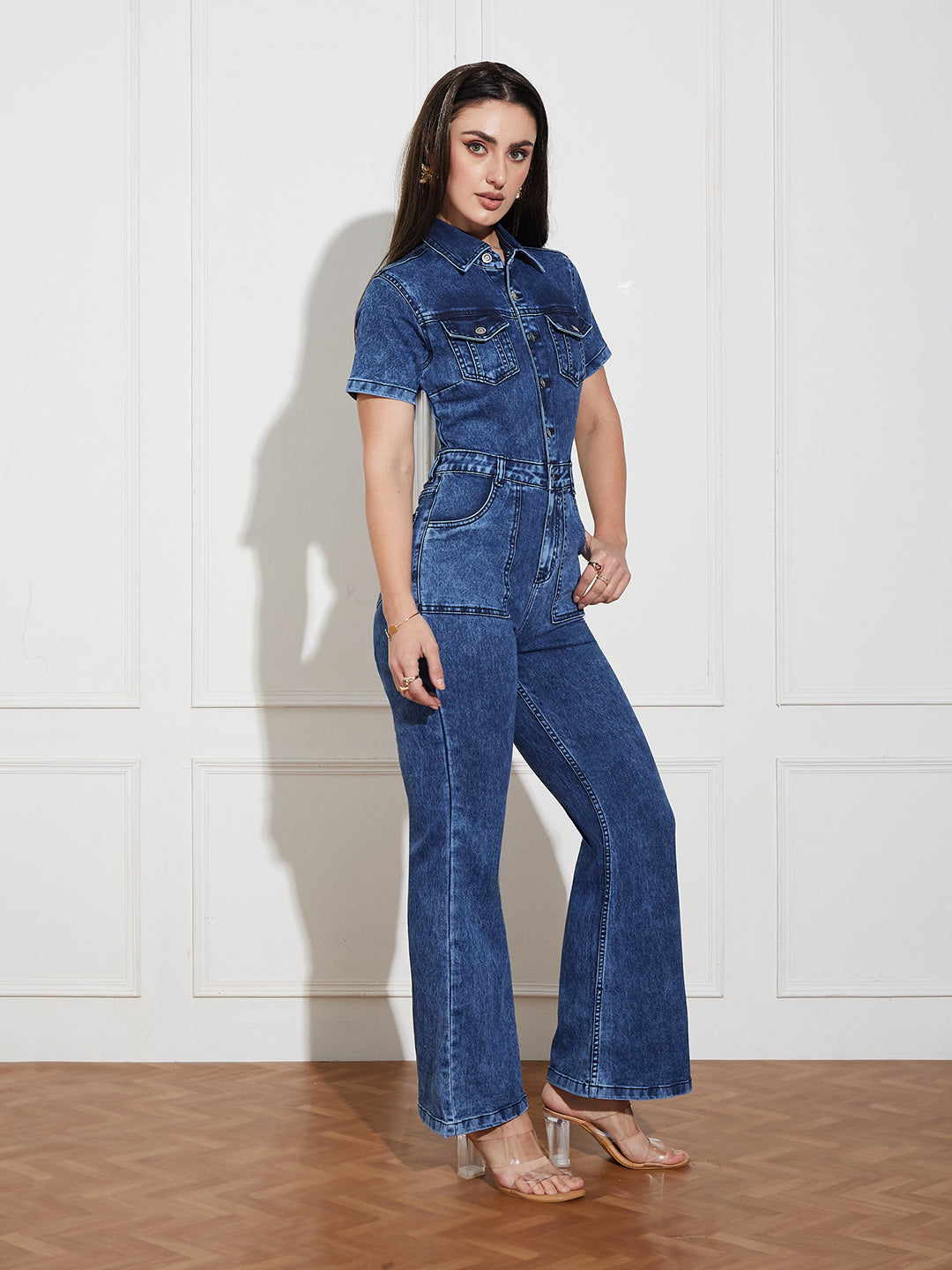 Women's Black Flared High Rise Regular Stretchable Denim Jumpsuit