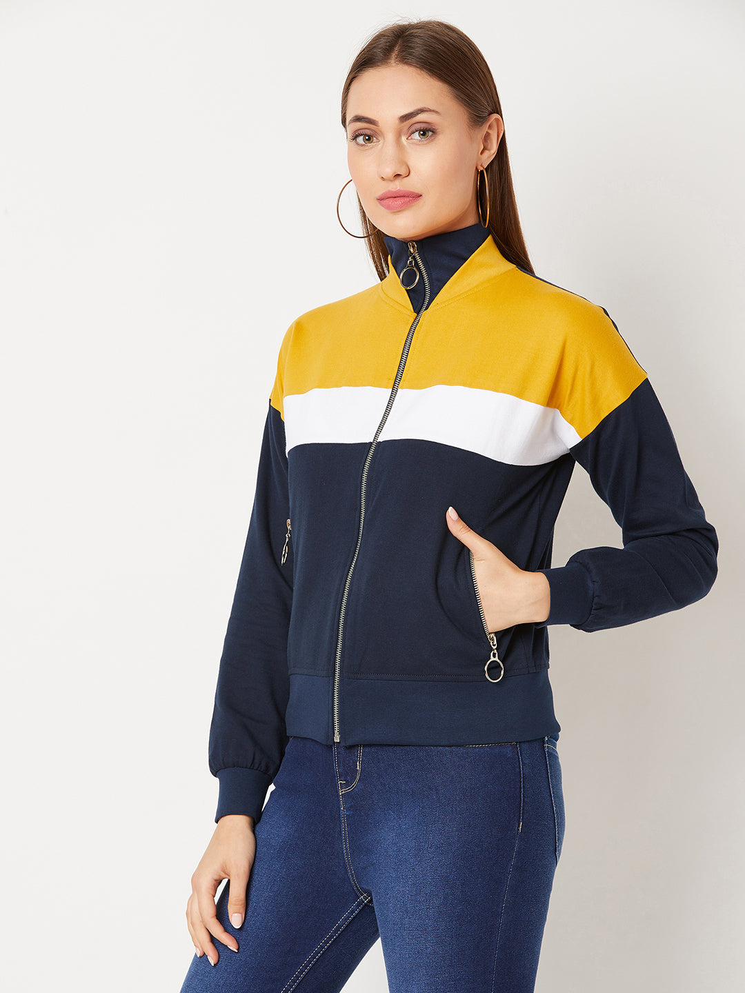 Multicolored-Base-Navy-Blue Turtle-neck Full sleeved Solid Color-Block Jacket for Women — Miss Chase