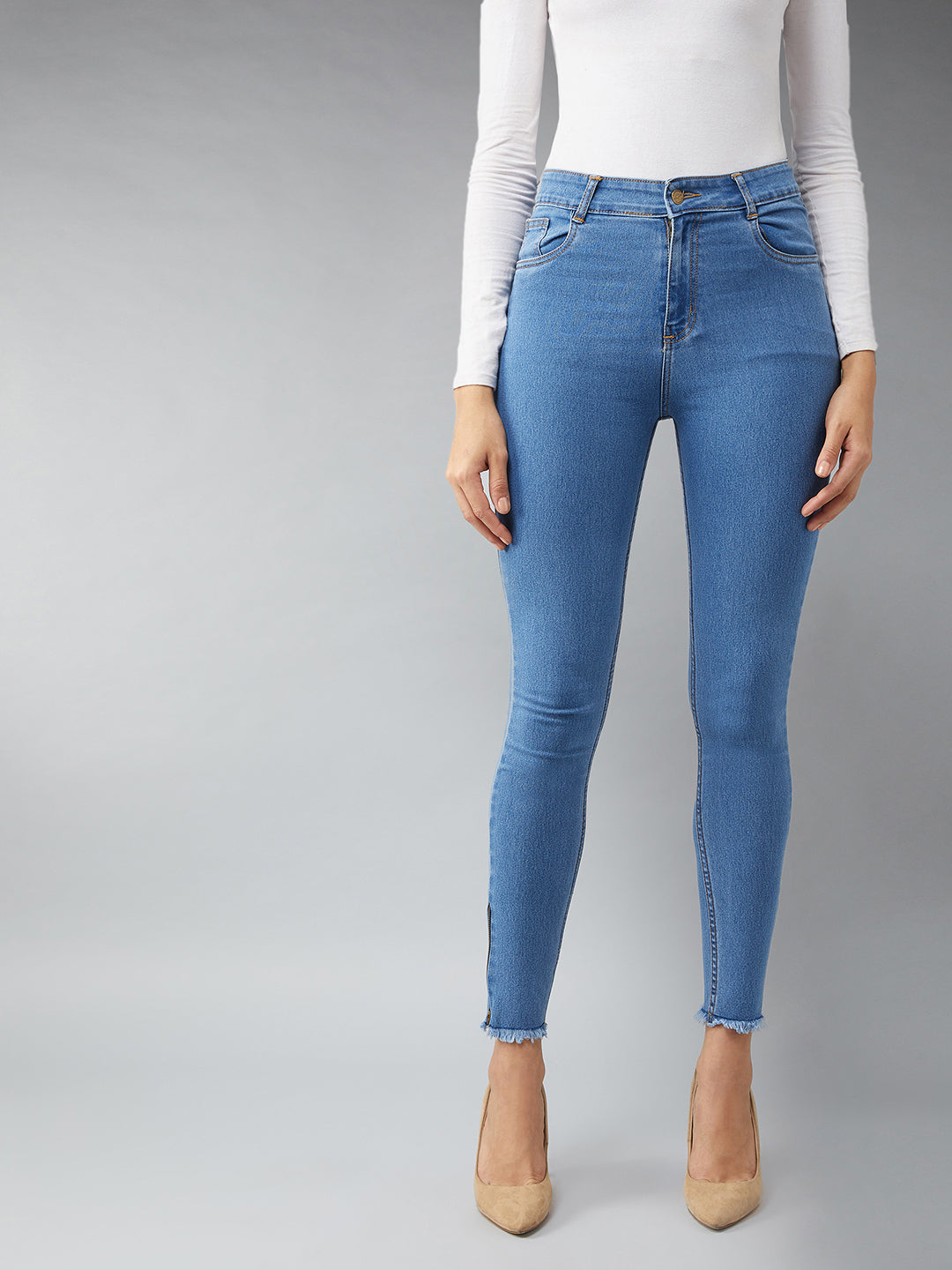 24/7 Comfort Blue Skinny High-Rise Clean-Look Fringe And Side Zipper Detailing Cropped Denim Jeans